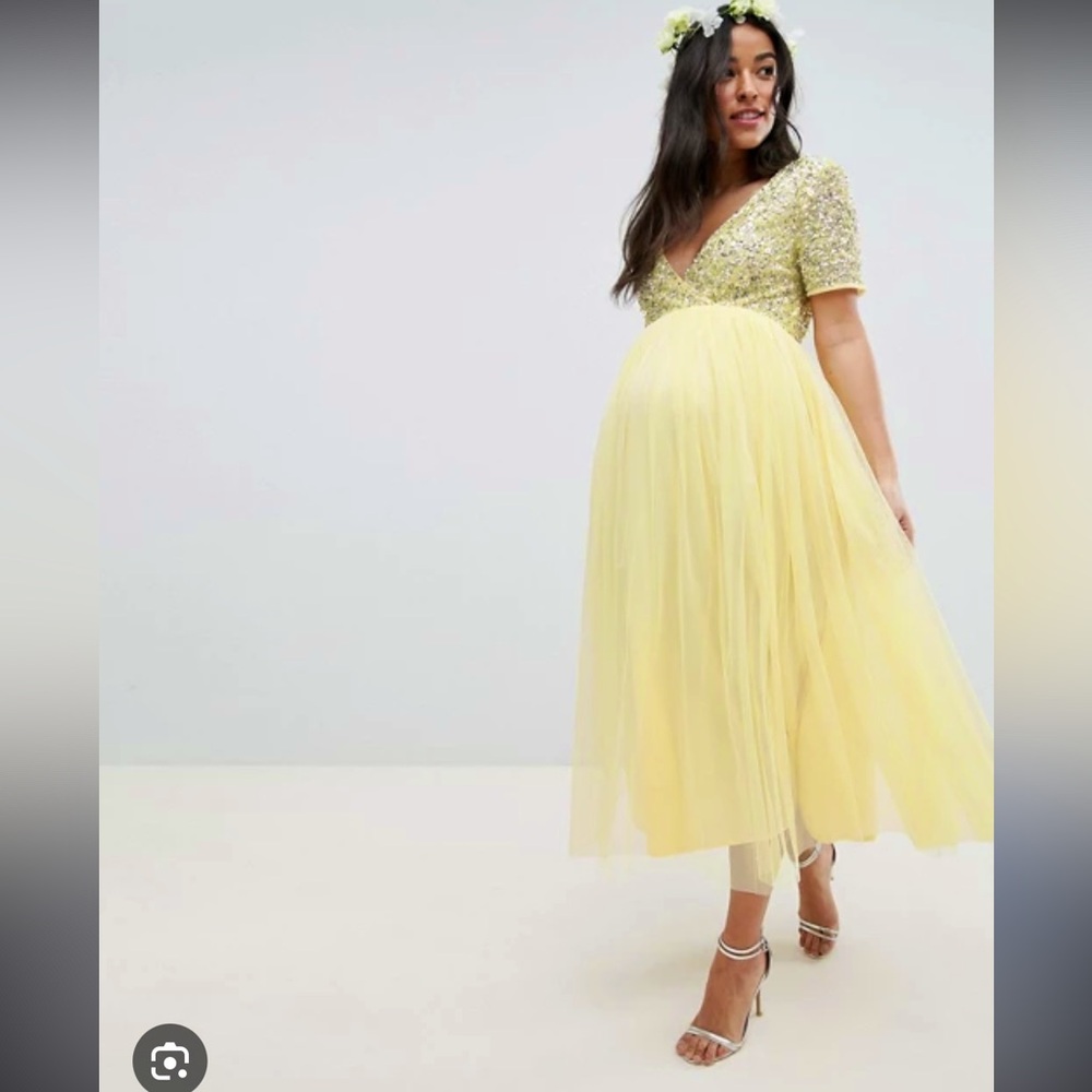 MAYA Maternity Cap Sleeve Delicate Sequin Detail Tulle midi Dress yellow